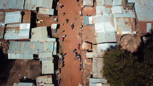 People At The Local Streets Of Moroto Town In Karamoja Region, Uganda, East Africa. Aerial Shot