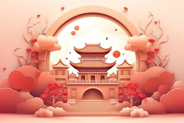 Chinese new year background with temple and lantern