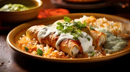 Fotobehang A plate featuring chicken enchiladas smothered in green salsa, garnished with crumbled queso fresco and chopped cilantro, accompanied by a side of refried beans and Mexican rice © AiHRG Design