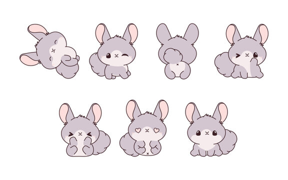 Collection of Vector Cartoon Baby Chinchilla Art. Set of Kawaii Isolated Pet Illustrations for Prints for Clothes, Stickers, Baby Shower, Coloring Pages