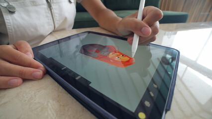 Digital artist draw pc tablet close up. Designer paint red head girl pic. Illustrator use ipad...
