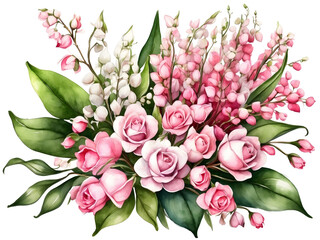 Bouquet of Lily of the Valley with pink roses for decoration. 