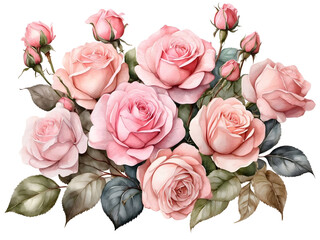 Naklejka premium Watercolor bouquet of pastel pink roses. Flowers element for decoration. 