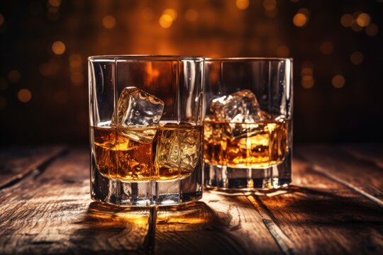 tasty whiskey stand on wooden table blurry bar background