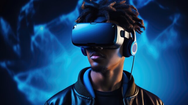 African American guy wearing VR headset, using virtual reality for entertainment