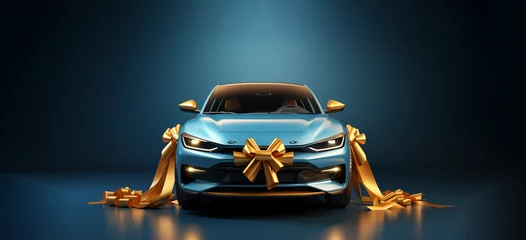 Tuinposter voiture avec un ruban doré autour à gagner comme lot à un concours © Fox_Dsign