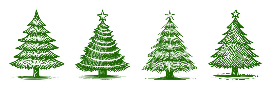 Set of Hand drawn Christmas tree line art. Vector illustration