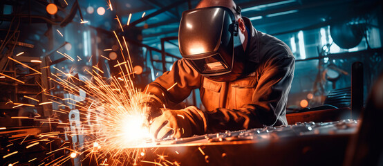 Craftsman using gas cutting machine in steel fabrication for construction industry sparks produced
