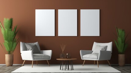 Capture the essence of a pristine living room, featuring an empty white photo frame, through the lens of a high-definition camera