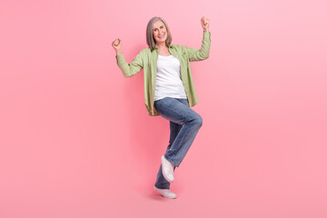 Photo of overjoyed crazy woman wear stylish green denim clothes celebrate black friday special...
