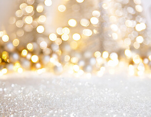 Beautiful festive background image with sparkles and bokeh in gold colors, white texture, warm...