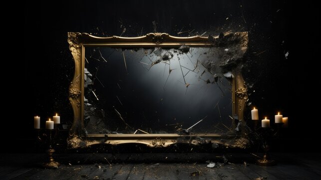 Broken vintage mirror in a frame on a dark background