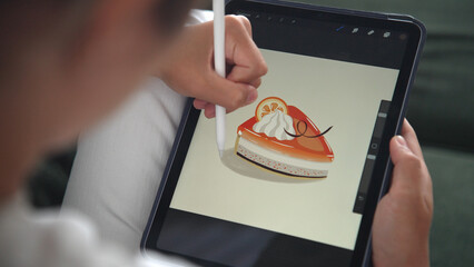 Girl sketch graphic cafe logo close up. Digital illustrator uses stylus. Freelance artist works...