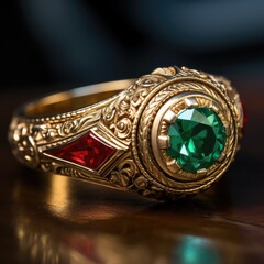 an ornamented gold ring with a green emerald in the center - isolated product photo on dark background