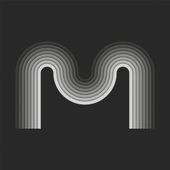 Bold letter M monogram logo initial, grey parallel stripes creative layers pattern, geometric smooth curves shapes, 3d waves paper cut style design emblem, identity typography logotype.