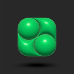 Rounded square logo design 3d shape with two convex circles made of green latex material.