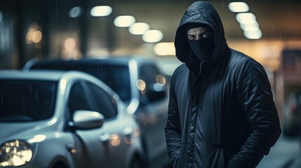 Burglar in a black mask tries to open a car in a parking lot at night. Car thief - obrazy, fototapety, plakaty