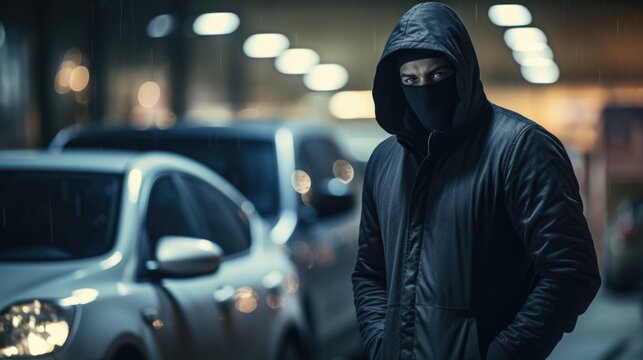 Burglar in a black mask tries to open a car in a parking lot at night. Car thief - Powered by Adobe