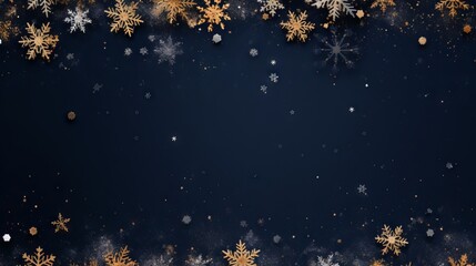 Fototapeta na wymiar Navy blue and gold Christmas background with snowflakes and sequins
