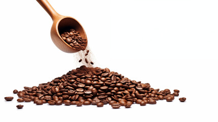 Obraz premium Coffee beans from wooden scoop