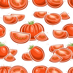 Vector Red Tomato seamless pattern, repeat background with still life compositions of raw tomatoes for bed linen, decorative square poster with group of flat lay ripe tomato fruits for home interior
