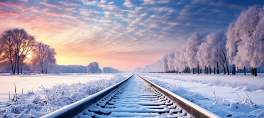 Train railway train on winter landscape. Generative AI technology. - obrazy, fototapety, plakaty