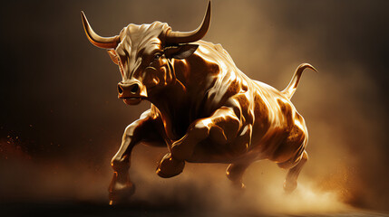 Złoty byk 3d w natarciu - złoty wzrost na giełdzie - koncept - ilustracja biznesowa - Golden 3d bull in attack - golden rise in the stock market - concept - business illustration - AI Generated - obrazy, fototapety, plakaty
