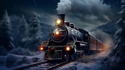 Old steam locomotive driving through a snowy forest at night: a magical Christmas scene - obrazy, fototapety, plakaty
