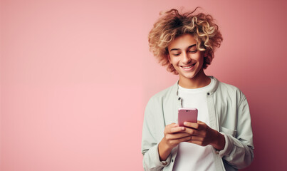 jeune femme souriant qui regarde son smartphone sur un fond uni rose - obrazy, fototapety, plakaty