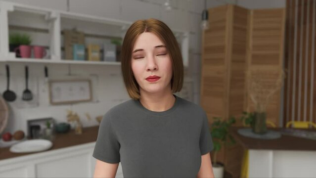Virtual AI influencer blogger posing on camera. Metaverse female avatar in virtual chat world for virtual chat. Artificial human character talking. Beautiful 3d model human scan animated.	

