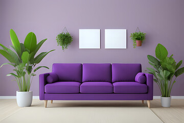 Home three blank photo mockup, plants, sofa, cozy interior background in stylish calm purple style.