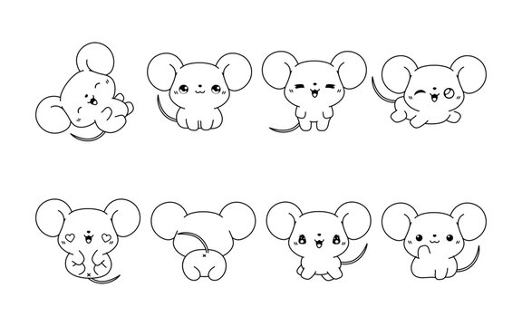 Set of Kawaii Isolated Baby Rat Coloring Page. Collection of Cute Vector Cartoon Mice Outline for Stickers, Baby Shower, Coloring Book, Prints for Clothes