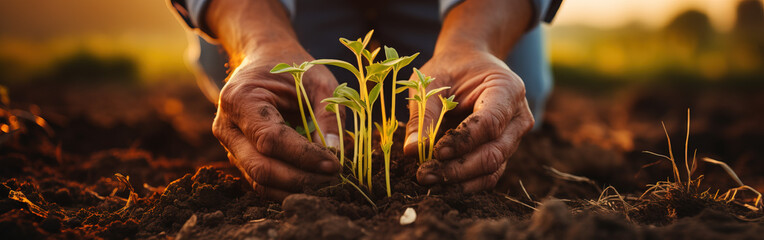 farmer hands is planting seeds in the suburbs beginning of the seasonal agricultural work. - obrazy, fototapety, plakaty