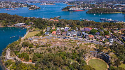Aerial drone view of Waverton Park at Waverton on the lower North Shore of Sydney, New South Wales, Australia on a sunny day  