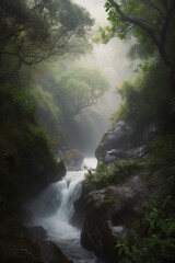 Misty waterfall view generative AI