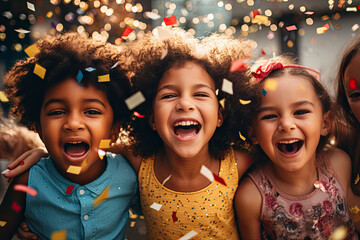 Happy multicultural children having fun celebrating their birthdays with colorful confetti. Child...
