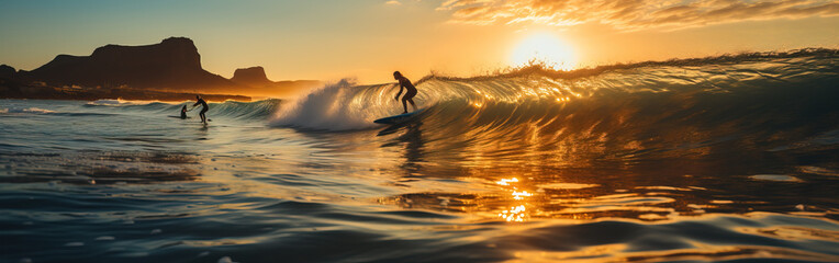 Sunset Surf Adventure with Young Girl Surfing Ocean Waves