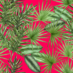 Fototapeta premium Watercolor seamless pattern with tropical leaves. Beautiful allover print with hand drawn exotic plants. Swimwear botanical design. 