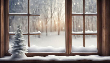 Cozy Winter Window and Wooden Table Setting