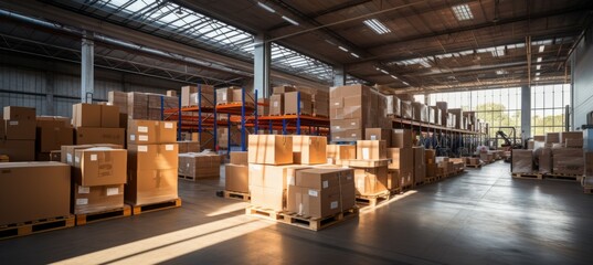 Logistic warehouse with box goods. Generative AI technology.	
