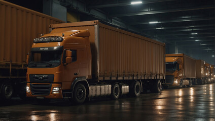 The transport terminal actively receives trucks at night, ready to load cargo of various goods for delivery. Industrial companies rely on reliable transport trucks for their operations.