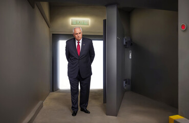 Fototapeta premium Politician businessman in suit walks into concrete bunker from outside threat to escape