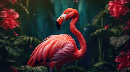 Flamingo against a background of exotic leaves