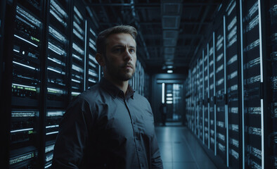 Fototapeta premium An IT engineer maintains a server room with twinkling lights and endless servers in the network center of a cutting-edge technology company.