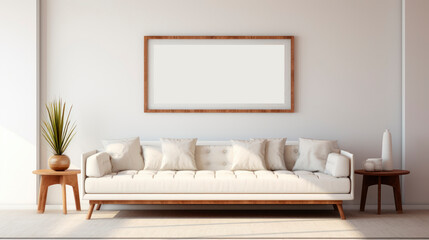 Fototapeta na wymiar Blank horizontal poster frame mock up in scandinavian style living room interior, modern living room interior background, sofa