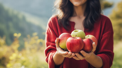 Young female farmer holding fresh apples, with a beautiful nature landscape in the background,...