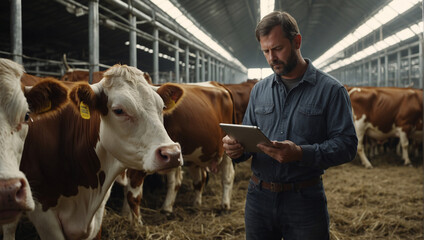 On a cow farm, the modern, tech-savvy farmer manages processes efficiently, holding a tablet in his hands to conduct research and enter data into a database - obrazy, fototapety, plakaty