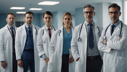 Fototapeta premium Professional chief doctors are in the hospital before intensive care and surgery. A group of doctors in special clothing pose for a photograph after a successful operation.