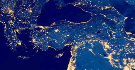 Turkey country at night from space, satellite photo. Elements of this image furnished by NASA.