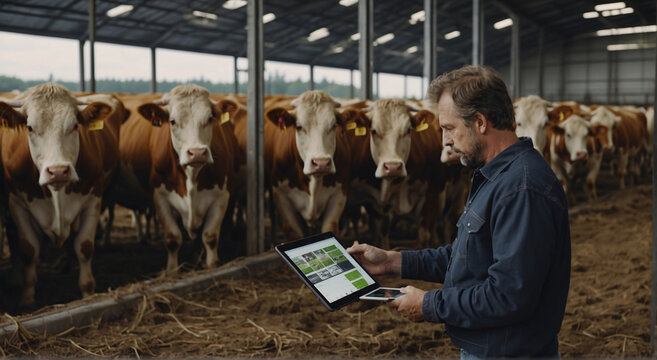 Modern cattle farming is accompanied by professional farmers who use tablets to conduct research and update the database on the cow farm